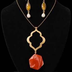 Red Jasper and tiger Eye Statement Pendant Necklace with Matching Earrings